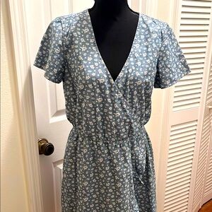 J Crew Mercantile Chambray Floral Blue Faux Wrap Dress